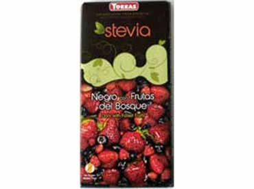 Pure chocolade hazelnoot met Stevia. cacaopasta, zoetstoffen, erytiol, stevioglycoside(0,027%), cacaoboter, 
						inuline, halfvolle cacaopoeder, emulgator(sojalichtine), vanille en bosvruchten. bosvruchten 2%, Bevat natuurlijke suikers. 
							Kan sporen van melk en noten bevatten.