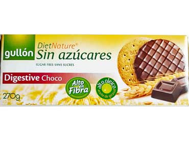 Digestive choco koekje. Ingredienten: Volkoren tarwegraan 50% , suikervrije pure chocolade 24% (cacaomassa, zoetstof maltitol, cacaoboter, cacaopoeder, emulgator 
						sojalecithine, vanillearoma's, zoetstof maltitol. Plantaardige olie 12% (hoge oleine in zonnebloem). Plantaardige vezel, rijsmiddel (natrium- en ammoniumzuur), zout, aroma's. Bron van vezels, 
						Kan sporen van noten en melk bevatten.